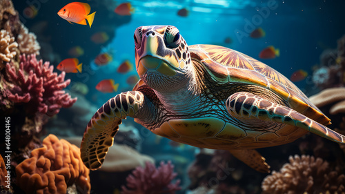 turtle with Colorful tropical fish and animal sea life in the coral reef.generative ai