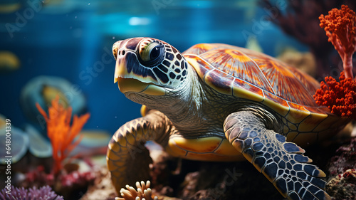 turtle with Colorful tropical fish and animal sea life in the coral reef.generative ai photo