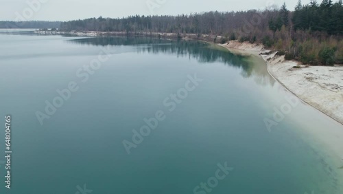 't Nije Hemelriek Lake In The Early Morning With Forest In Gasselte, Netherlands. - aerial photo