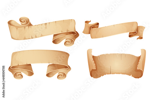 Set Parchment paper scroll ribbon, old vintage banner game ui element in cartoon style isolated on white background.