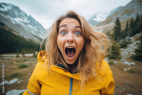 A Woman In A Yellow Jacket Making A Surprised Face photo