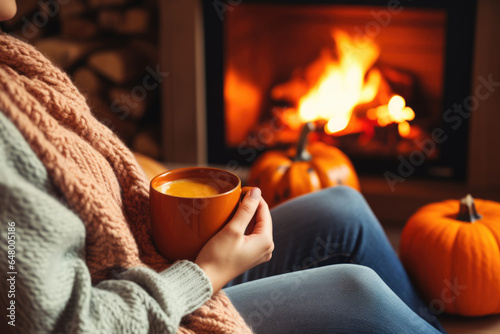 A Woman Holding A Cup Of Coffee In Front Of A Fireplace