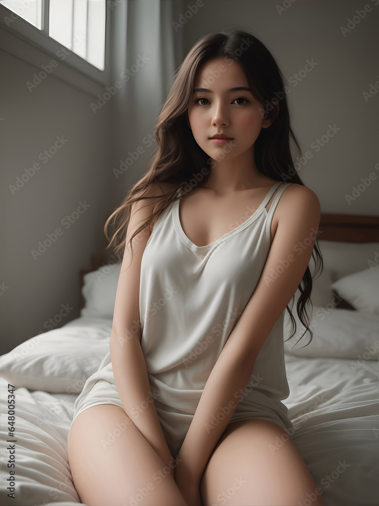 Beautiful Asia women aged 20, She wears comfortable clothes. She siting on the bed. ai generative Beautiful Asia women aged 20, She wears comfortable clothes. She siting on the bed. ai generative