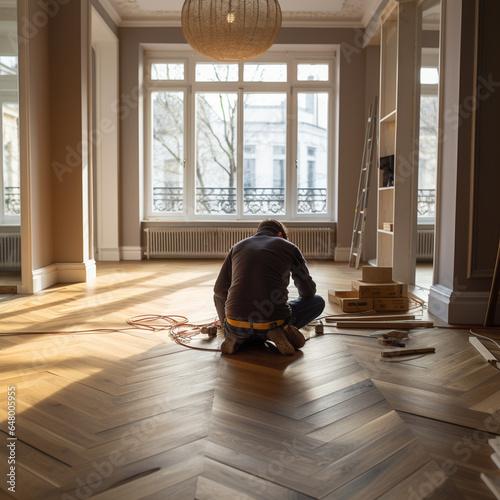 Man laying parquet floor in a house. photo