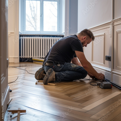 Man laying parquet floor in a house.