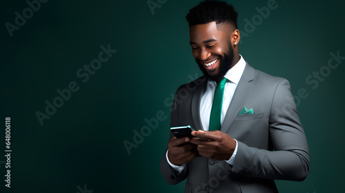 Colorful studio portrait of a young man using a smartphone and smiling. Bold, vibrant and minimalist. Generative AI