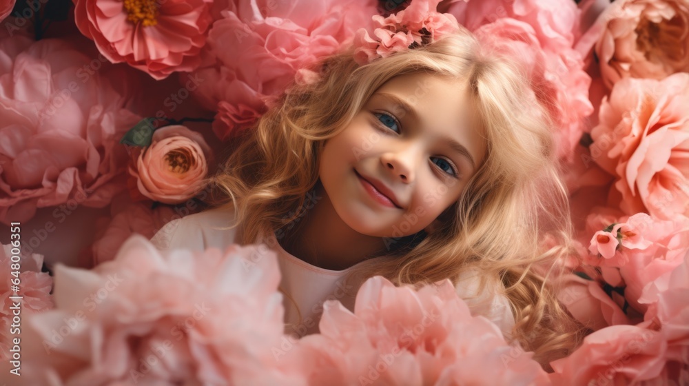 A little girl laying in a bed of pink flowers