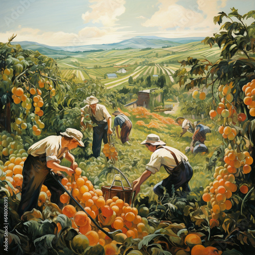 Fruit pickers or seasonal workers working in the field.