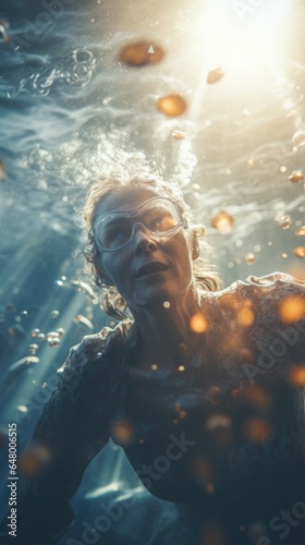 A woman in a wetsuit and goggles swims under water