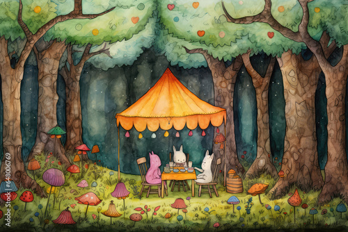 Picnic Under Tall Trees Painted With Crayons photo
