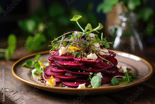 Beetroot Carpaccio On Plate In Botanicalstyle Cafe photo