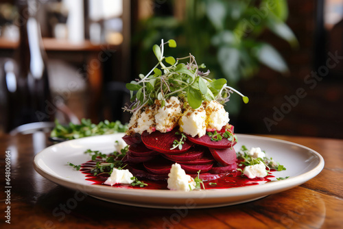 Beet And Goat Cheese Salad On Plate In Botanicalstyle Cafe photo