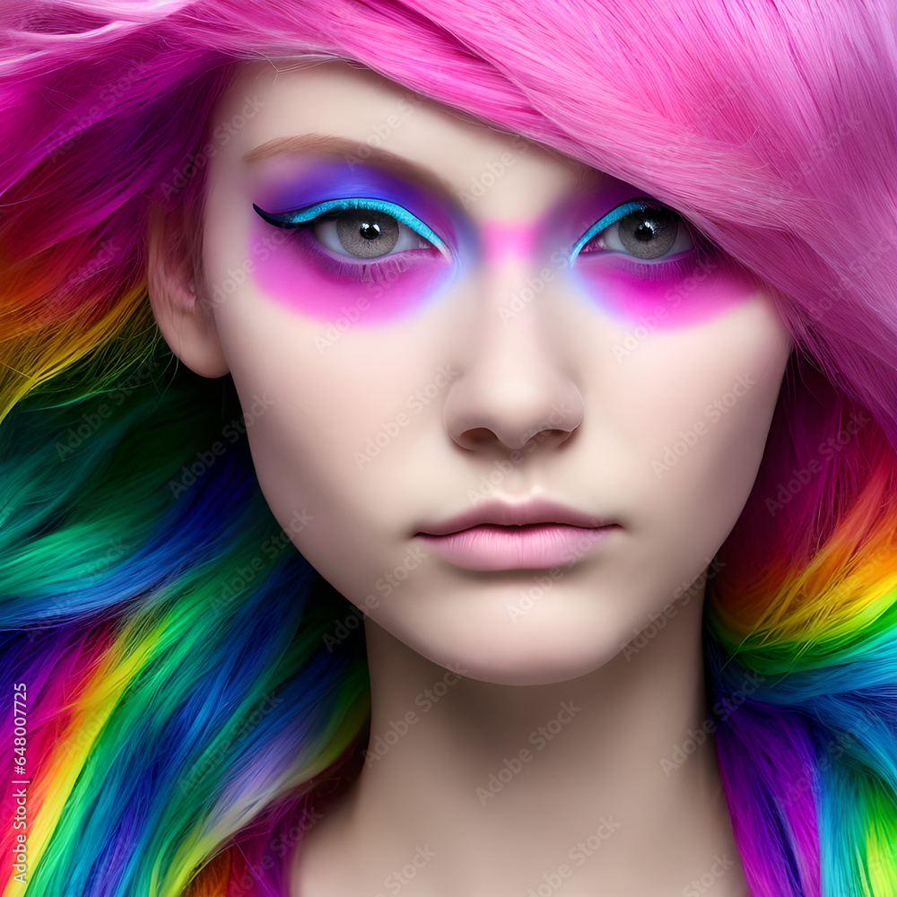 portrait of a woman with bright makeup and rainbow hair portrait of a woman with bright makeup and rainbow hair