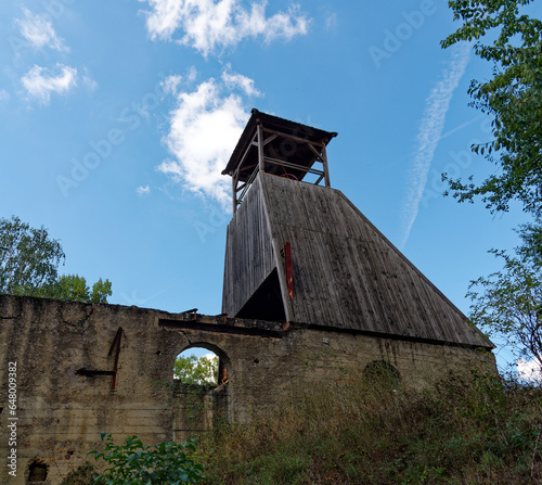 Reconstruction of the headframe of the old coal mine shaft, closed in 1951, Communay, France