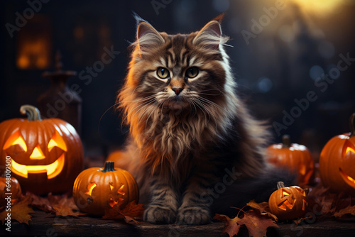 Black cat and pumpkins on dark background