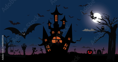 scary place with castle in cemetery, witch on moon and bats, Halloween background illustration