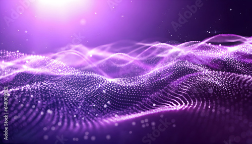 Digital purple particles wave and light abstract background with shining dots stars