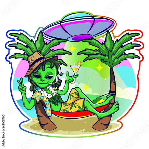 vector illustration of a cartoon alien wearing a straw hat, trousers patterned with marijuana leaves and clothes with floral patterns, relaxing on the beach while flying a UFO over the sea