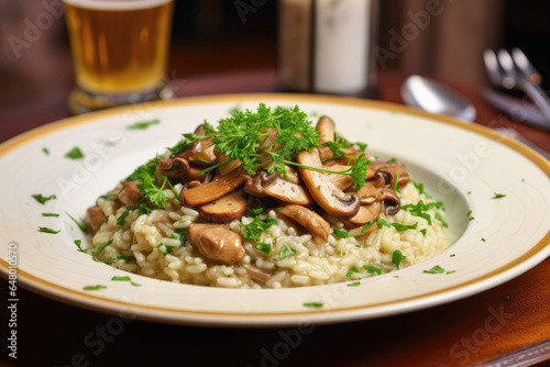 Chicken And Mushroom Risotto On Plate In Retrostyle Cafe