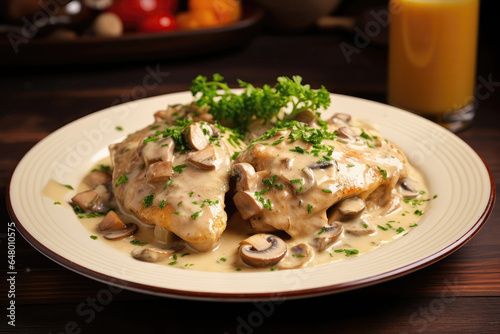 Chicken Fricassee On Plate In Retrostyle Cafe photo
