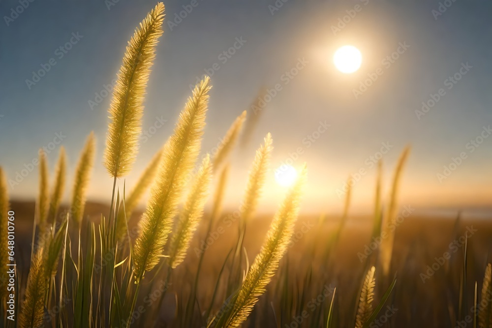 3d rendering Little grass stem close-up with sunset over calm sea .