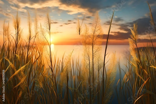 3d rendering Little grass stem close-up with sunset over calm sea .