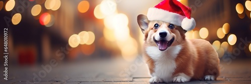 banner Christmas corgi dog on festive christmas light bokeh street background copyspace.