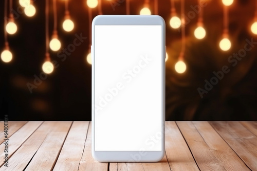 Mockup image of a smart phone with blank screen on wooden table over blurred lights background