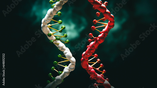 a DNA double helix, with one strand colored in heroic shades of green representing the positive effects of the APOE4 gene, and the other in villainous red symbolizing its negative impact on health photo