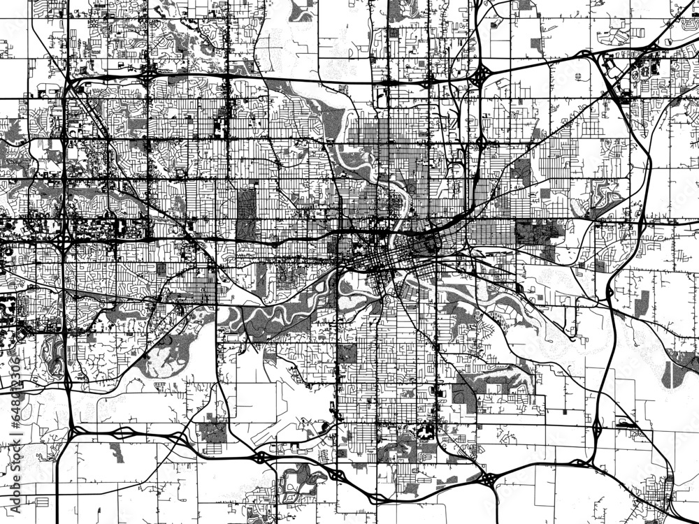 Greyscale vector city map of  Des Moines Iowa in the United States of America with with water, fields and parks, and roads on a white background.