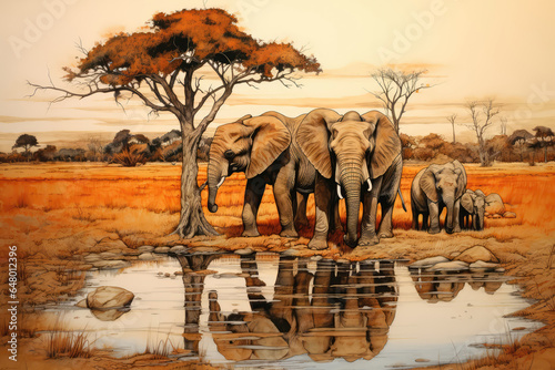 Elephant Family At Watering Hole Painted With Crayons