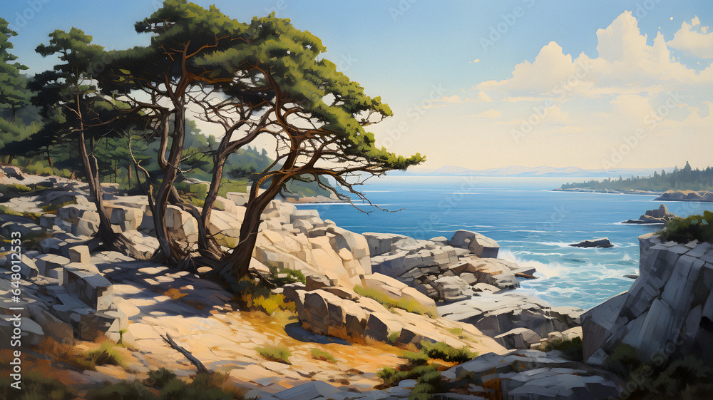 painting of a tree on a rocky cliff overlooking the ocean Generative AI