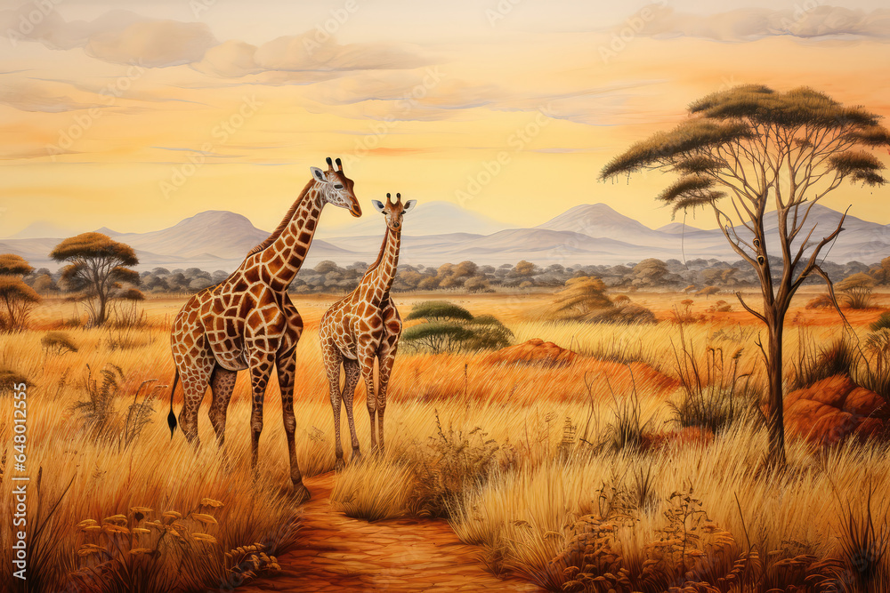 Fototapeta premium Giraffes Grazing On Savannah Painted With Crayons