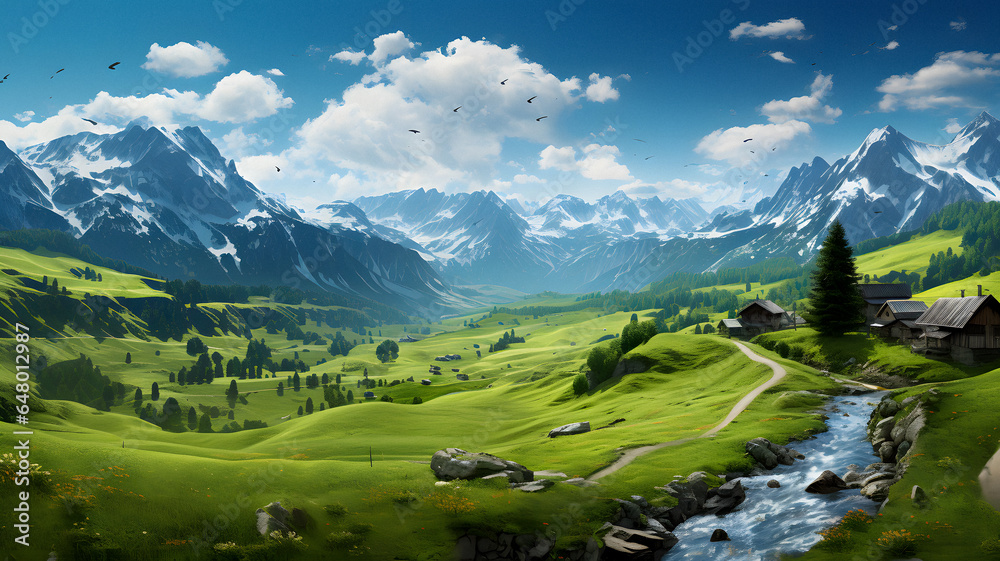 Fototapeta premium mountains and a stream in a valley with a house and a mountain Generative AI