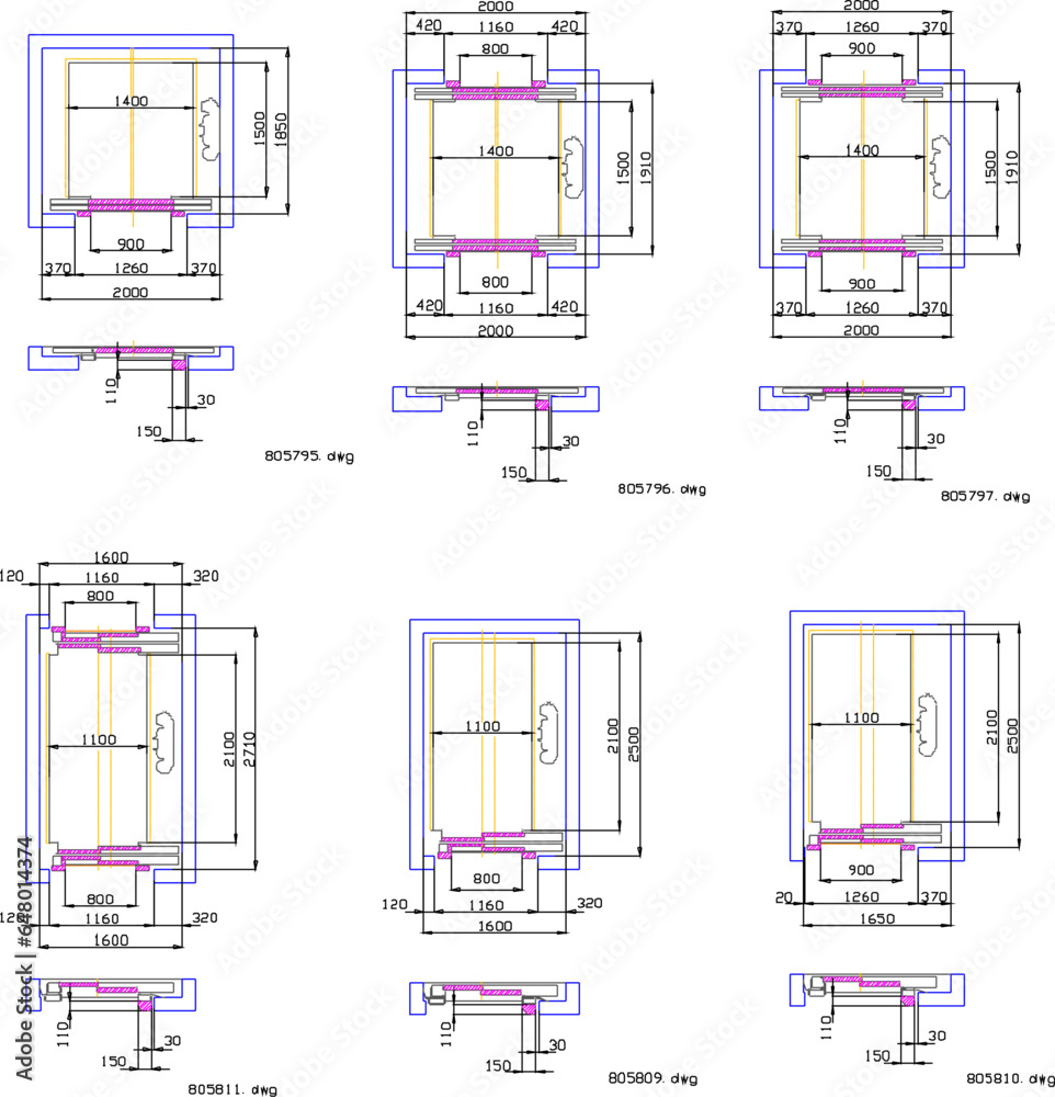 Vector sketch illustrating the technical design of an elevator plan with a size scale