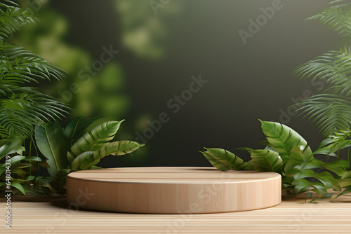 Tropical plants with empty wood podium  Minimal blank 3D wooden stage for products display presentation design  ai generate