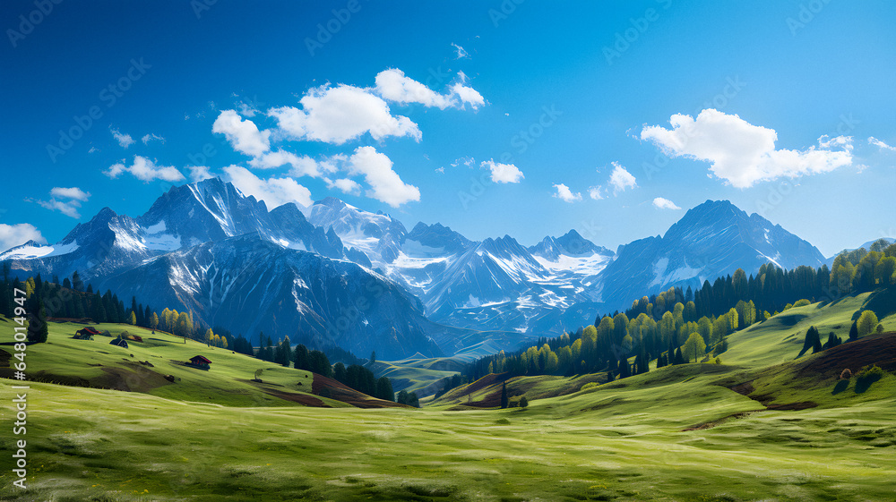 mountains with snow capped peaks and green grass in the foreground Generative AI