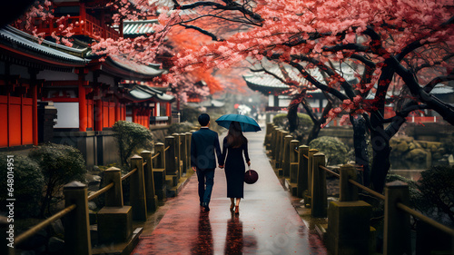 two people walking down a path holding umbrellas Generative AI