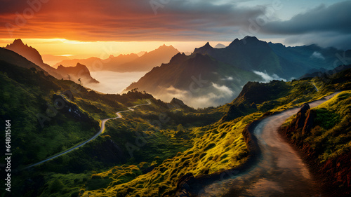 mountains with a winding road in the foreground and a sunset in the background Generative AI