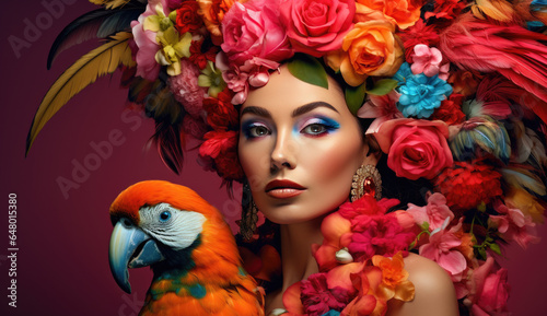 A beautiful woman is surrounded by colored flowers and parrots  in the style of surreal fashion photography. woman with colorful makeup and parrots  birds by her side. digital