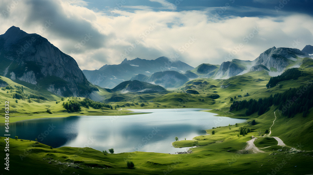 mountains and a lake in a valley with a cloudy sky Generative AI