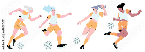 Woman soccer or football player. Flat vector illustration of girl team playing soccer or football isolated on a white background.