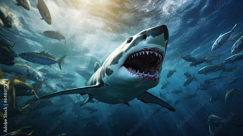 Fototapeta premium Predator Shark Attack in clear sea ocean waters created with Generative AI Technology
