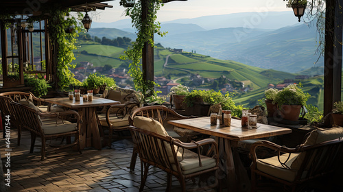 A charming and cozy cafe set in a quiet rural landscape with wooden tables with hills and mountains created with Generative AI Technology © AstraNova