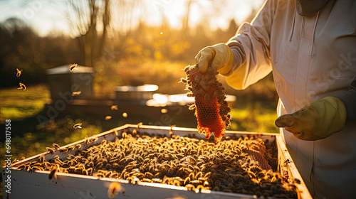 Beekeeper holding hive full of bees in protective workwear inspecting beehive honey frame in apiary created with Generative AI Technology