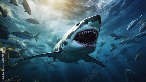 Predator Shark Attack in clear sea ocean waters created with Generative AI Technology