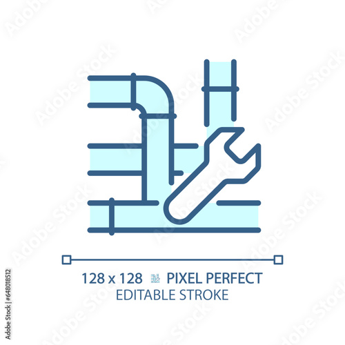 2D pixel perfect editable blue pipe repair icon, isolated vector, thin line illustration representing plumbing.