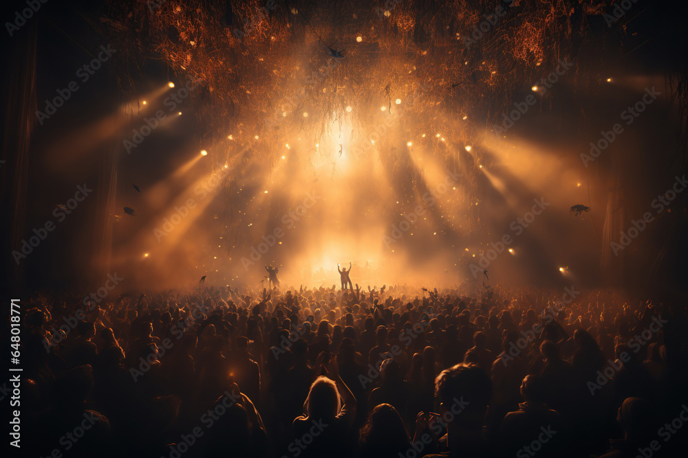 Silhouette of vocalist in front of crowd on scene,  people in a crowd of a music concert, lights, show performance, AI Generative.