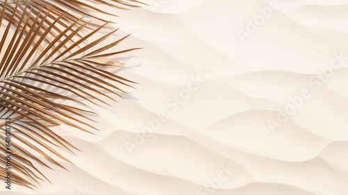 Shadows of palm leaves on the sand on sand, top view, copy space © Yuwarin