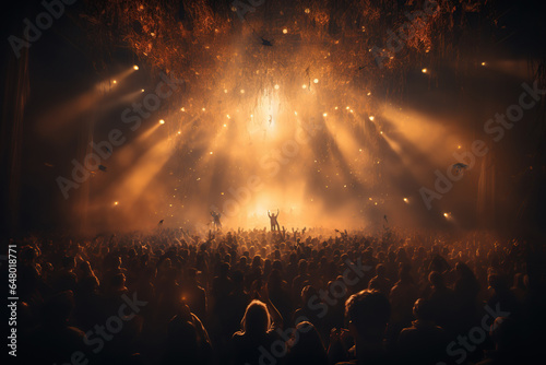 Silhouette of vocalist in front of crowd on scene   people in a crowd of a music concert  lights  show performance  AI Generative.